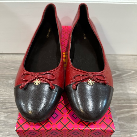 NEW Tory Burch Cap Toe Red Leather Ballet Flats with Bow